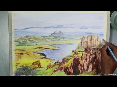 Mountains and Pine Tress Watercolor Pencil Landscape Drawing | steps to follow