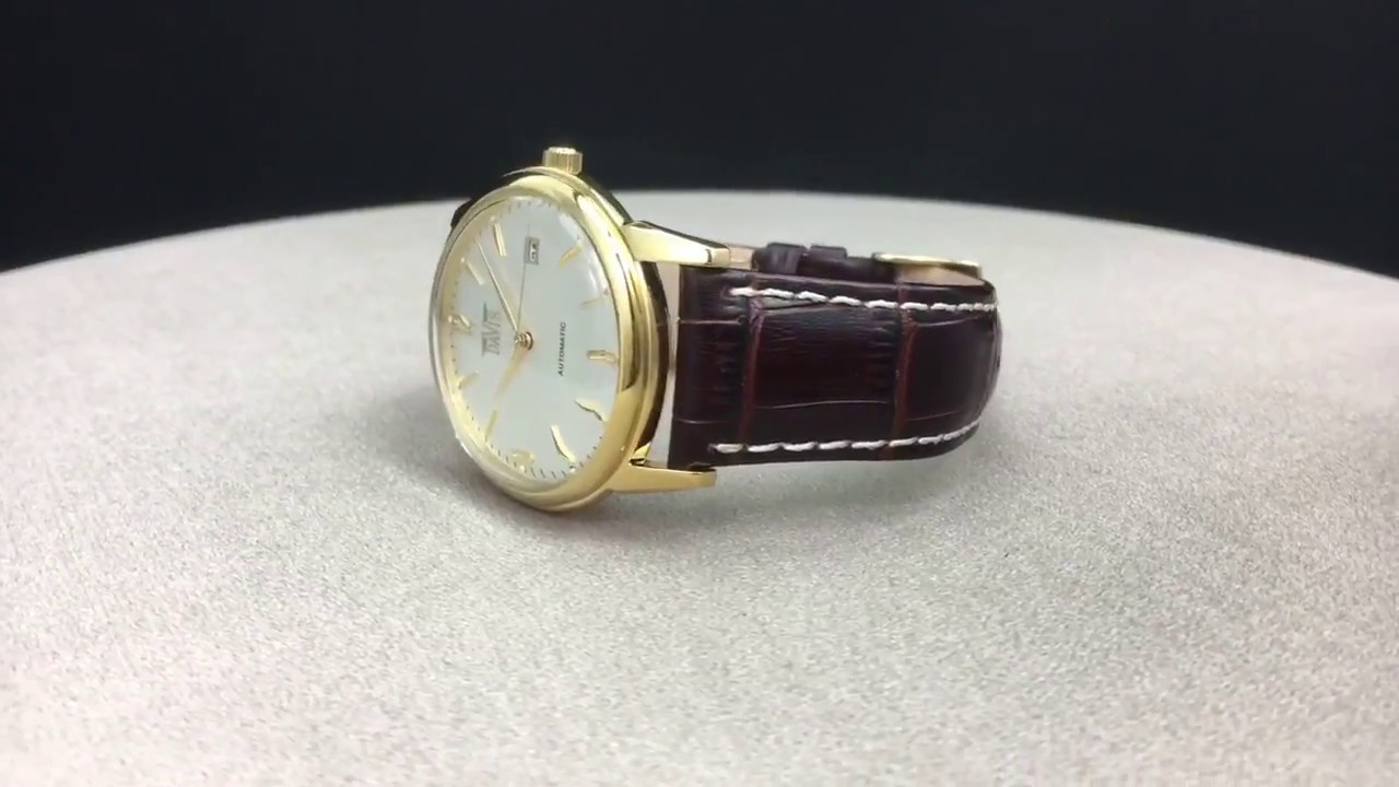 MONTRE AUTOMATIQUE CLASSIQUE HOMME VINTAGE ACIER OR JAUNE BRACELET CUIR MARRON DAVIS 1903