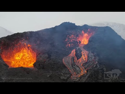 04-08-2021 Grindavik, Iceland - Volcano Eruption From Drone And Lava Time Lapses