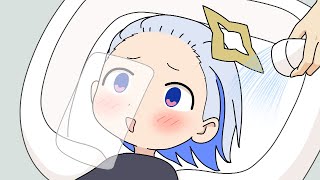 美容室のフェイスガーゼがズレて、口をしゃくれさせて直そうとするかなたん。その姿が愛おしい。【天音かなた/ホロライブ切り抜き漫画】