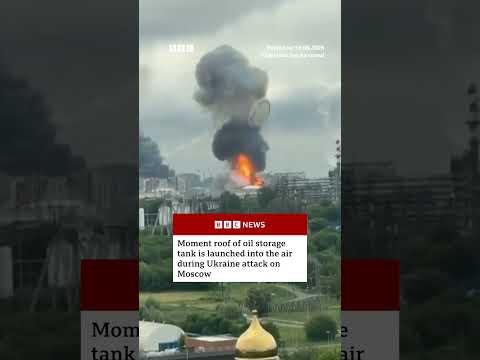 Oil storage tank's roof launched into the air during Ukrainian attack on Moscow #BBCNews
