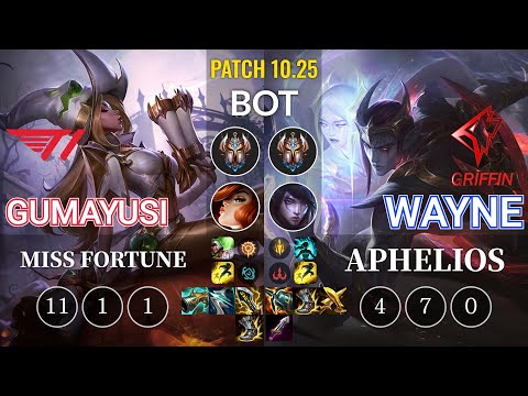 T1 Gumayusi Miss Fortune vs GRF Wayne Aphelios Bot - KR Patch 10.25