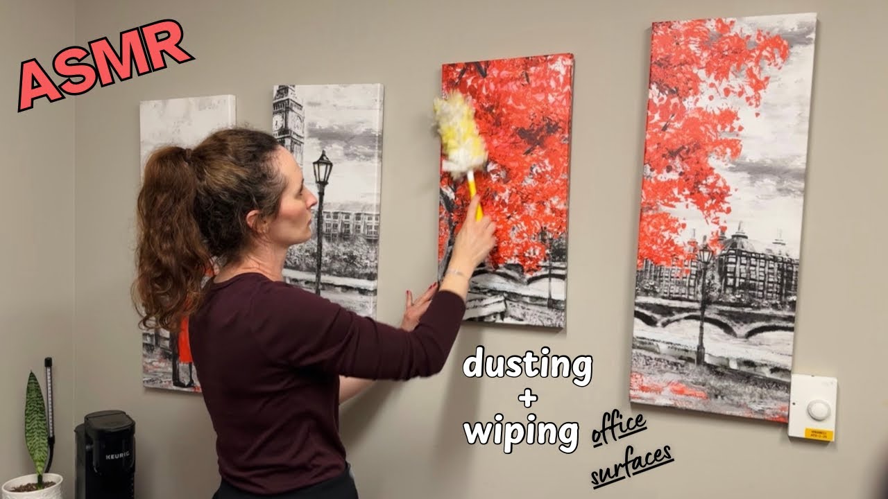 Dusting & cleaning office surfaces w/ Swiffer duster & microfiber cloth. (no talking) #asmrcleaning 