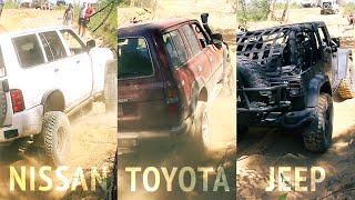 Toyota Land Cruiser, Nissan Patrol  and Jeep Wrangler offroading 4x4