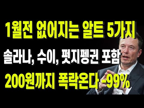 1월전 없어지는 알트 5가지! 솔라나, 수이, 펏지펭귄 포함, 200원까지 폭락온다 -99%