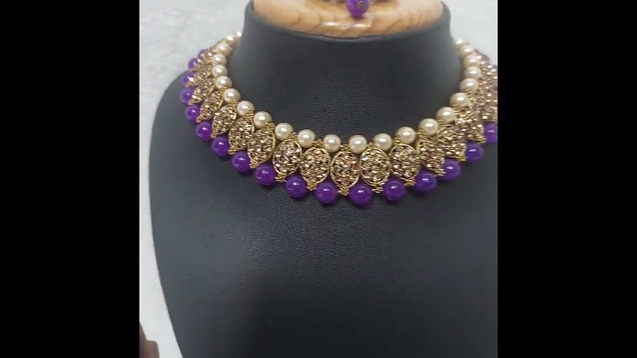 Traditional Stone Necklace Set in Mehendi Finish and Purple Color JIA1566