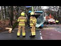 Trolleybus rijdt elektriciteitsmast en boom uit de grond