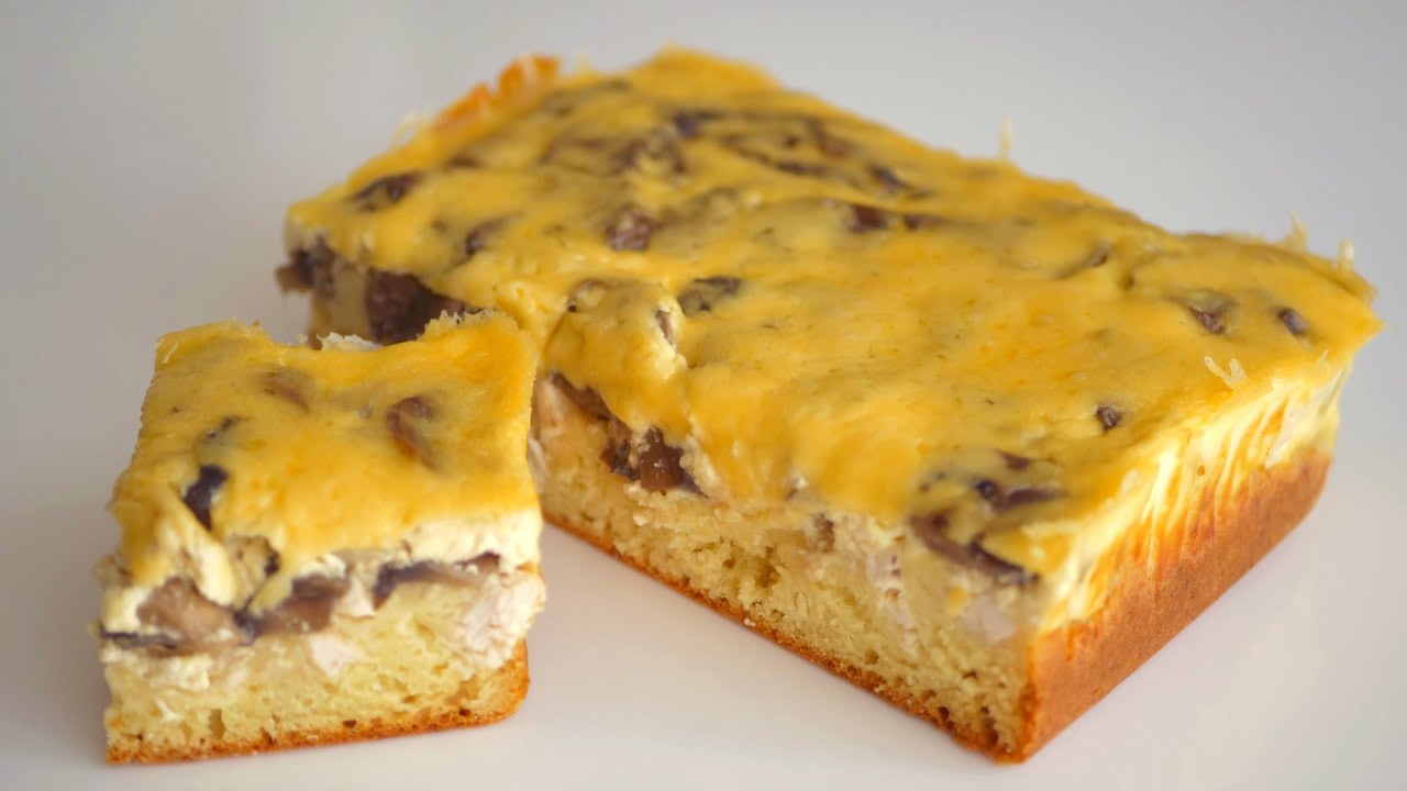 Пирог заливной Сытый муж с курицей и грибами на скорую руку
