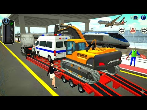 Heavy Excavator & Police Cars Transport by Trailer Truck 
