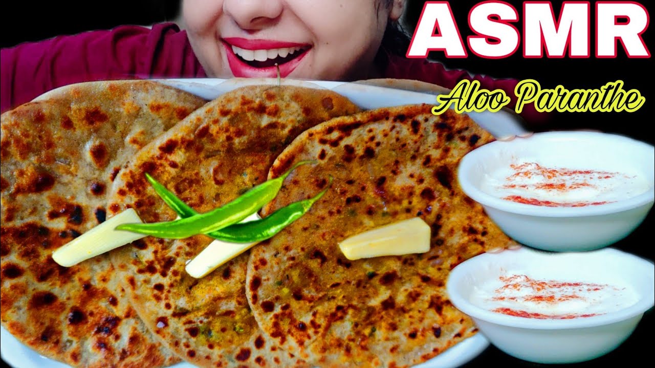 ALOO PARATHE ASMR WITH DAHI & MAKHAN | EATING SOUNDS | INDIAN ASMR EATING