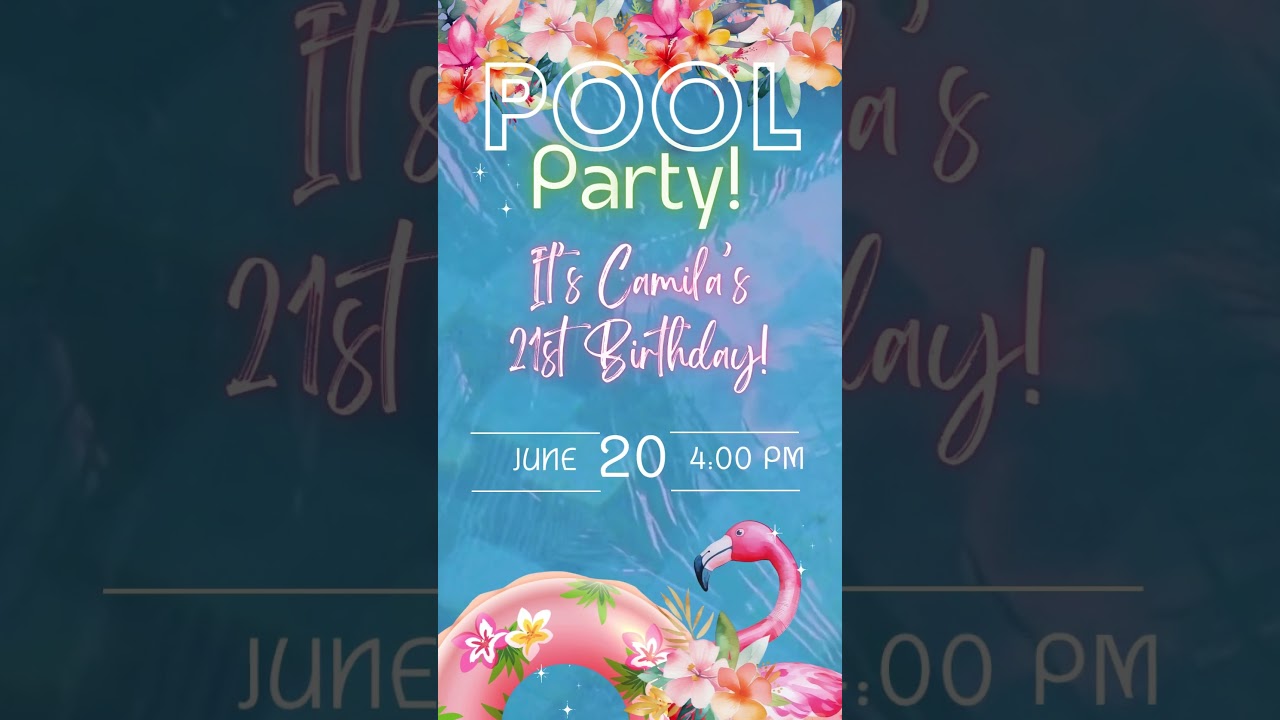 Luau Pool Party Summer Invitation template, Tropical Pool Invite Animated Floral Swimming Pool Party