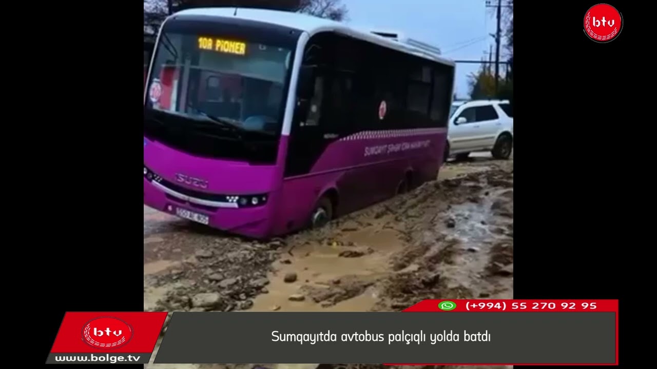 Sumqayıtda avtobus palçıqlı yolda batdı
