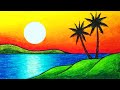 How To Draw Beautiful Sunset Easy Sunset Scenery Drawing