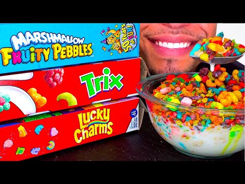 LUCKY CHARMS VS TRIX VS FRUITY PEBBLES CEREAL MUKBAN CHALLENGE EATING MOUTH SOUNDS NO TALKING ASMR