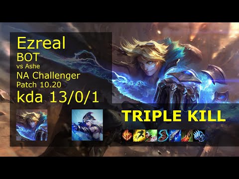 Ezreal ADC vs Ashe - NA Challenger 13/0/1 Patch 10.20 Gameplay