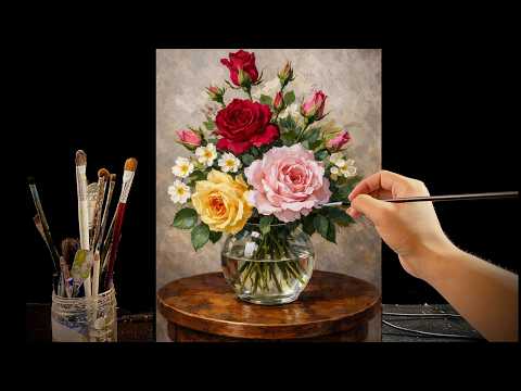 🎨 Painting Roses in a Glass Vase | Calm & Relaxing Acrylic Still Life | #165