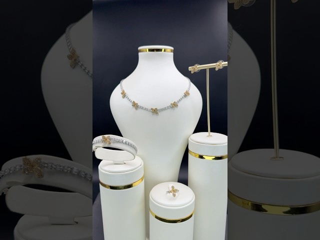 طقم زيركون فضي مكس ذهبي أنيق بإصدار خاص دقة الماس 5 قطع بضمان على اللون