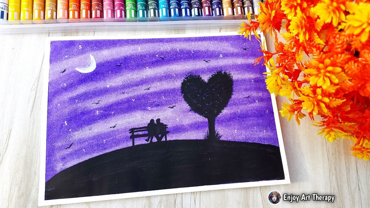 Romantic Couple Night Scenery Drawing With Oil Pastels || Oil Pastel Drawing For Beginners 