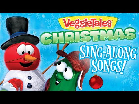 VeggieTales Christmas Sing-Along Songs cover featuring Bob the Tomato in a top hat and Larry the Cucumber in a plaid hat against a snowy blue background with snowflakes and ornament