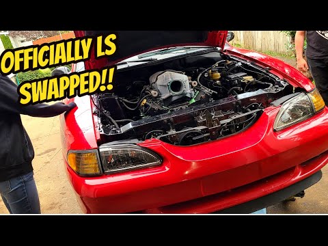 THE SWAP BEGINS! Ford Mustang LS Swap Part 1 ( Engine & Trans Installed)