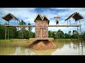 Survival Girl Living Alone Building a Wooden House with Relaxing Place on Sea Across Bridge by Hand