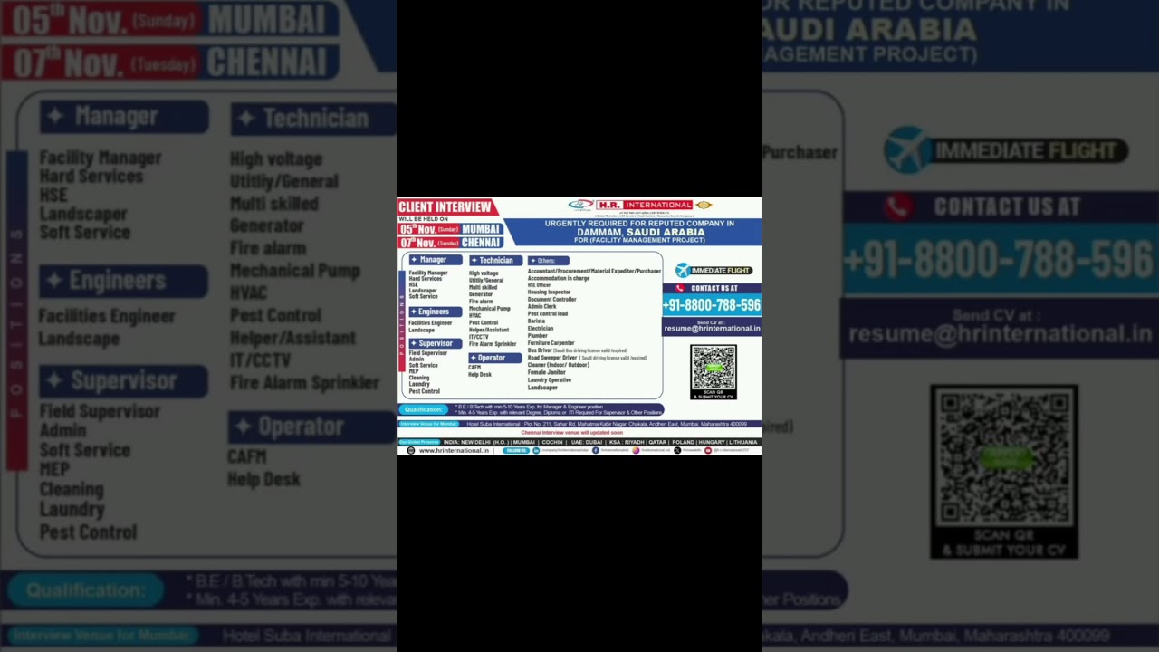 URGENTLY REQUIRED FOR REPUTED COMPANY IN DAMMAM, SAUDI ARABIA FOR (FACILITY MANAGEMENT PROJECT)