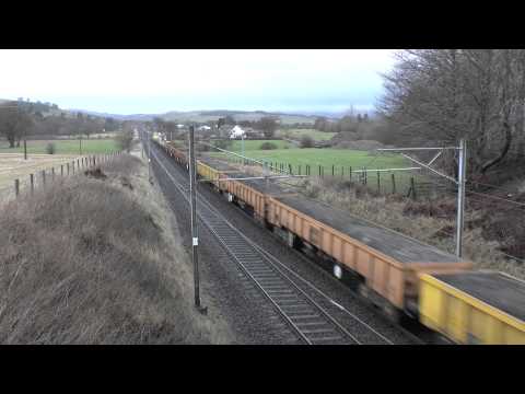 87 on freight! 87002 + 92010 6M49 Mossend to Carlisle Yard engineers at Beattock 02/01/14
