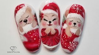 Super cute Christmas Teddy bear nail art, gel polish tutorial for you. Xmas character nail art 