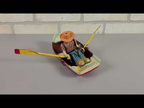 Tin Litho Wind-Up Row Boat - WORKS! - Made in Japan