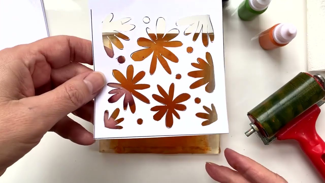 4. Two stencils, three colours, more ghost prints and building up the layers