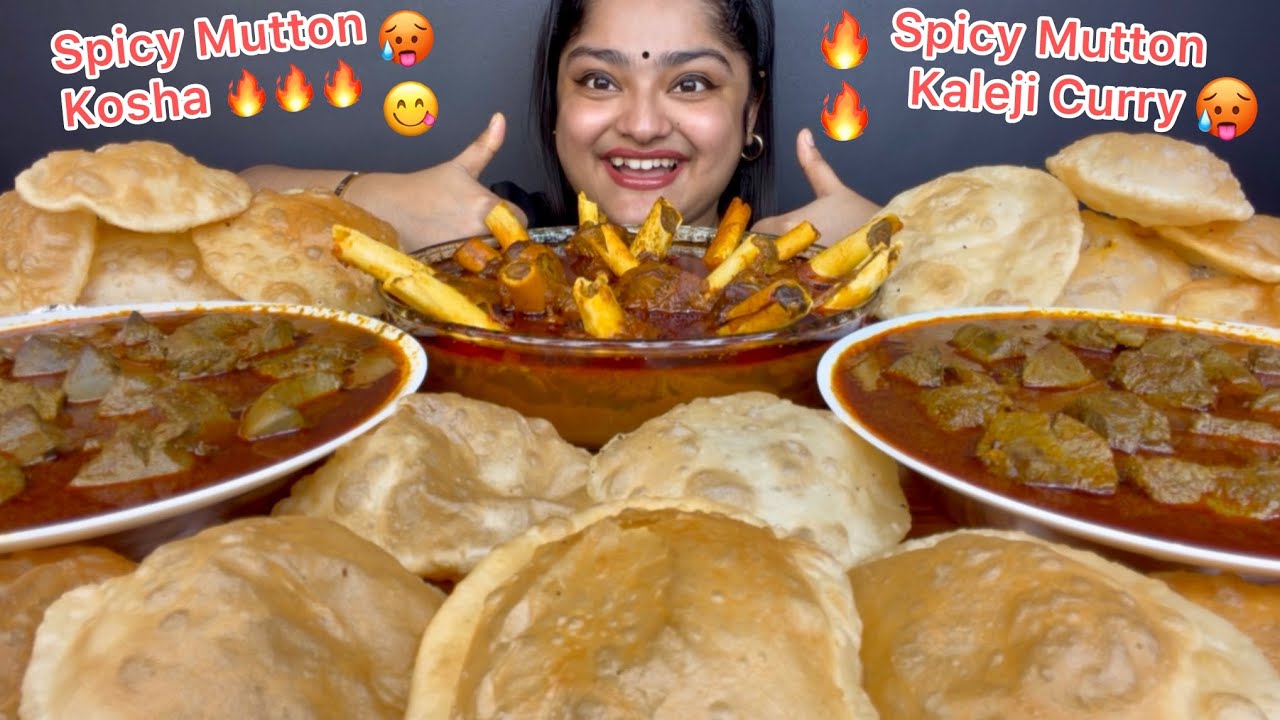 SPICY MUTTON NALLI CURRY WITH SOFT FULKO LUCHI AND SPICY MUTTON KALEJI CURRY, ASMR MUKBANG 