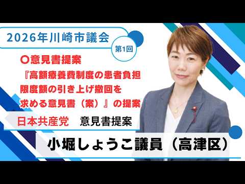 2026年川崎市議会　第1回定例会(3月）　日本共産党　小堀しょうこ議員（高津区）『高額療養費制度の患者負担限度額の引き上げ撤回を求める意見書（案）』の提案　（2026年３月１８日）