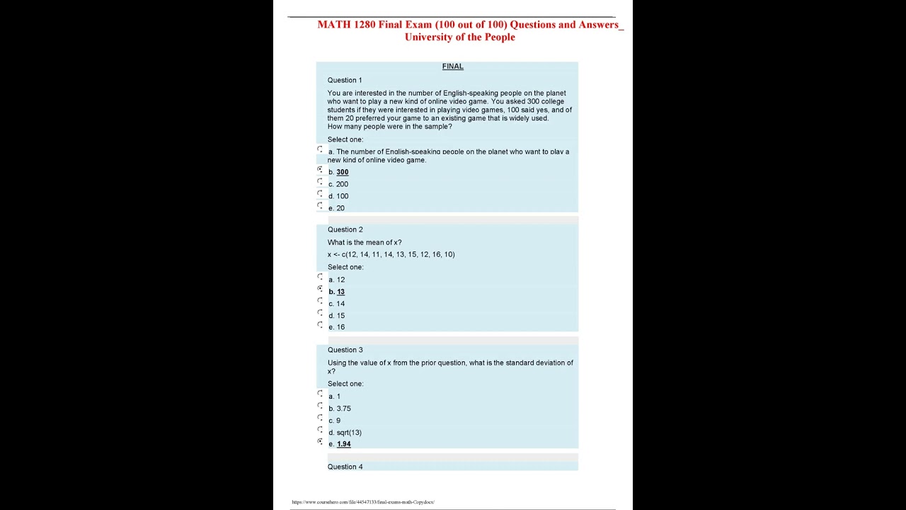 MATH 1280 Final Exam 100 out of 100 Questions and Answers  University of the People