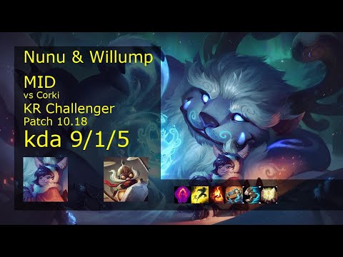 Nunu & Willump Mid vs Corki - KR Challenger 9/1/5 Patch 10.18 Gameplay // [롤] 누누와 윌럼프 vs 코르키 미드