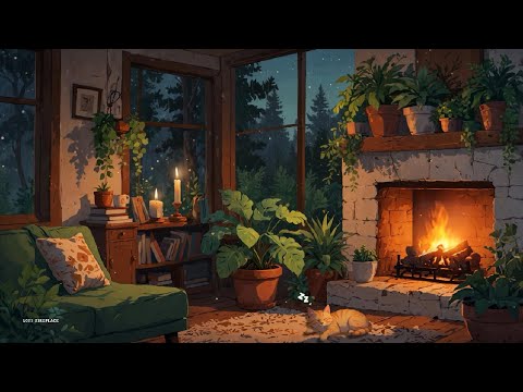 Rainy Night by the Fireplace with sleepy cat  – Cozy Lofi for Reading & Relaxation 🌧️🔥🐾