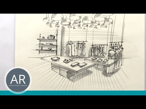 Retail-Design Studium. Raum-Skizzen für ein Retail-Design-Konzept. Mappenvorbereitung Retail-Design