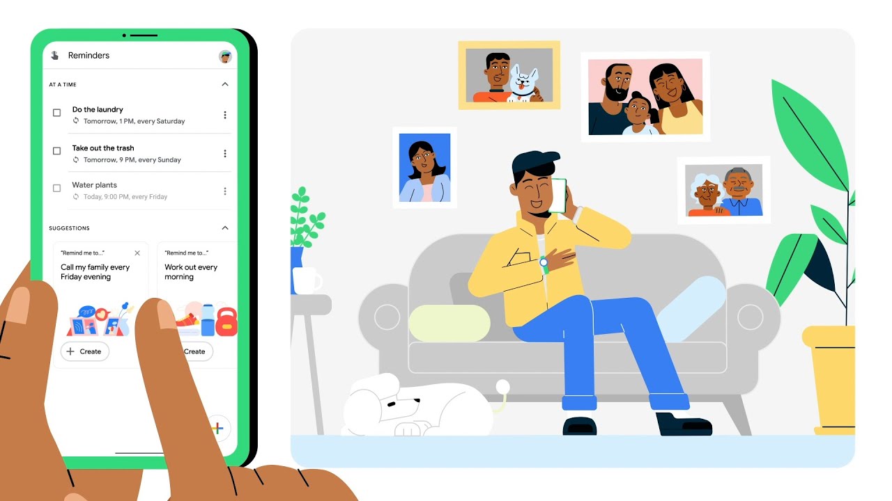 Illustration of person adding reminders to Google Assistant