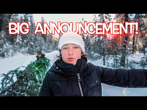 Person in a black puffer jacket and white knit hat in a snowy forest with bold red 'BIG ANNOUNCEMENT!' text overlay (video thumbnail)
