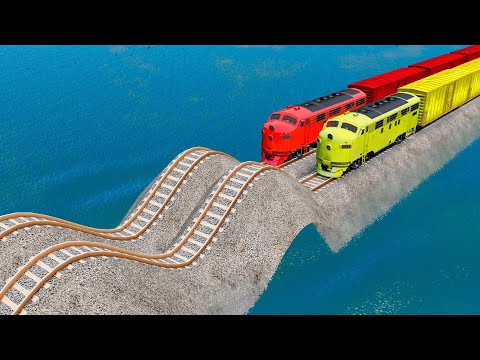 Double Colorful Train Vs Wave Impossible Weird Mistake Rail Track Crossing Deepwater in BeamNG.drive