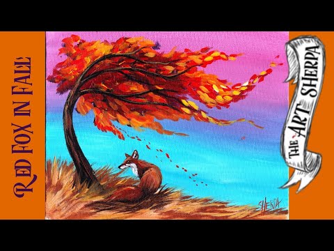 Easy Red Fox and Fall tree Acrylic painting step by step #LoveFallArt2019 | TheArtSherpa