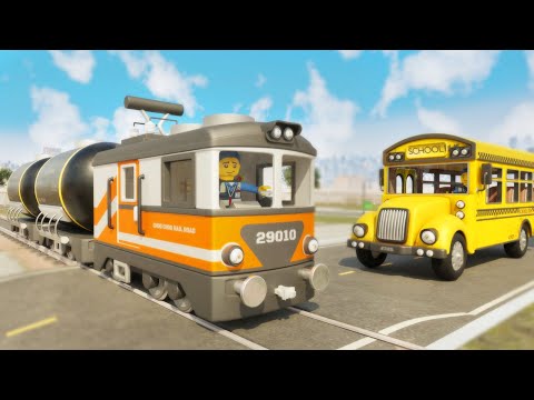 Lego School Bus Cartoon - Train Rescue - Choo choo train kids videos