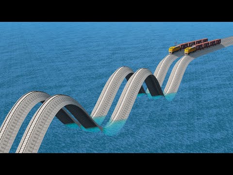 Impossible Double Wave Rail Tracks Vs Trains Crossing Giant Pit - BeamNG.Drive