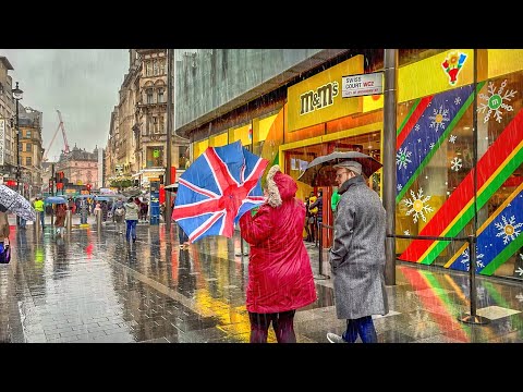 London Rain Walk ☔️ Wet & Windy Central London West End City Streets Walking Tour | 4K HDR ASMR