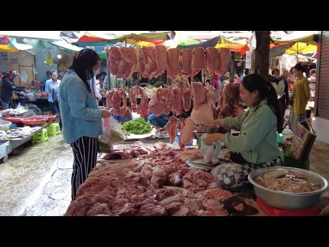 Cambodian Lifestyle in morning Fish market scene : Phnom Penh Wet Market Pork Vegetable Fish Meat