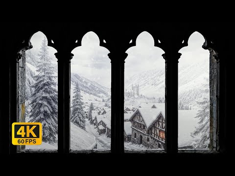 4K Medieval Village Winter Window View - Peaceful Snowstorm Ambience - Relax & Read by the Fire