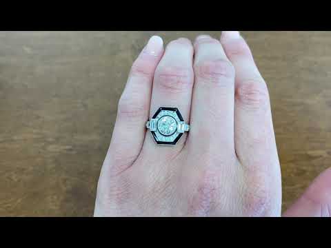 Old European Cut Diamond and Onyx Platinum Ring - Geneva Ring - Hand Video