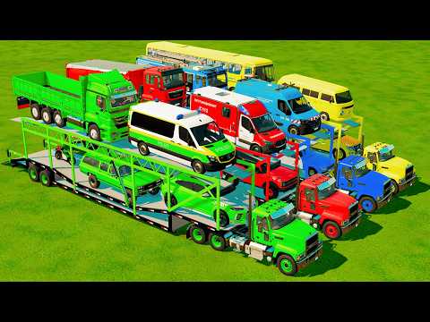 TRANSPORTING POLICE CARS, AMBULANCE, FIRE TRUCK, COLORFUL CARS WITH TRUCK -FARMING SIMULATOR 22!