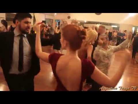  Alejandra Mantinan,    Sebastian Jimenez,    and  Joanna Gomez  are  dancing  to  "  Chacarera Del Rancho  "  at  Tel-Aviv Tango Festival  in  2016