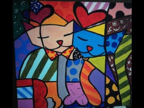 Pintando quadro Releitura de Romero Britto - 2 Gatos