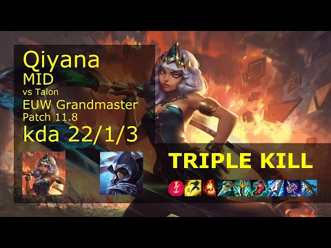Qiyana vs Talon Mid - EUW Grandmaster 22/1/3 Patch 11.8 Gameplay